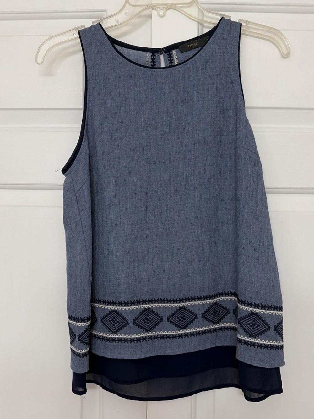 THML Blue Embroidered-Hem Layered Chiffon Camisole
